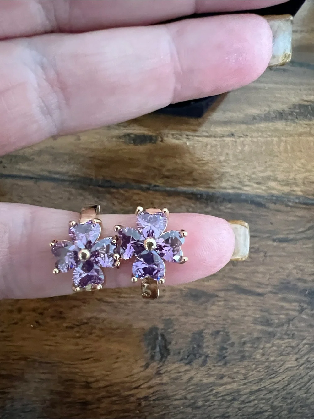 Gold Hoop Earrings with Purple Flower Crystals - Women Jewelry
